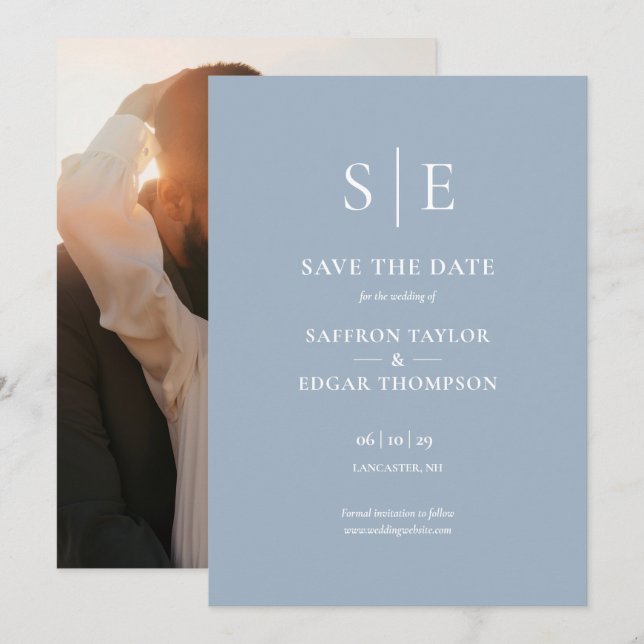 Save The Date Mariage photo de monogramme moderne bleu poussiére (Devant / Derrière)