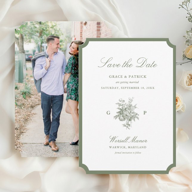 Save The Date Mariage photo de monogramme vert sauge classique (Créateur téléchargé)