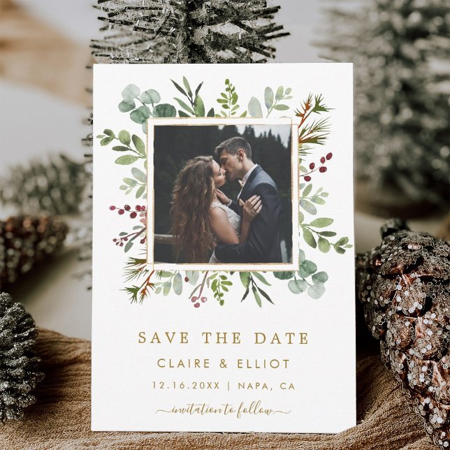 Save The Date Mariage Photo de Noël à la Végétation Botanique Or (Créateur téléchargé)
