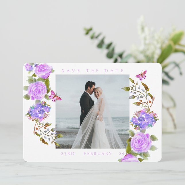 Save The Date Mariage photo de ruban Rose violet (Debout devant)