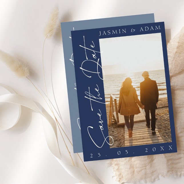Save The Date Mariage photo de script bleu de la marine moderne (Créateur téléchargé)