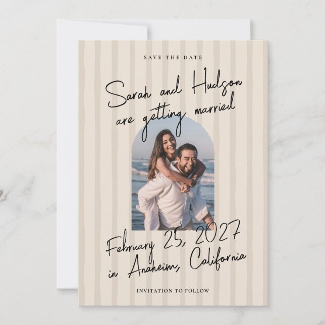 Save The Date Mariage photo de script manuscrit moderne rayé (Devant)