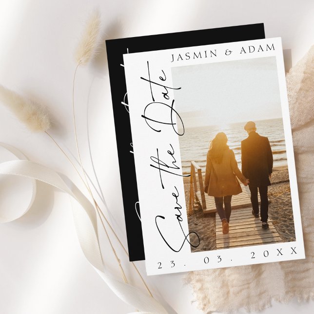 Save The Date Mariage photo de script noir et blanc moderne (Créateur téléchargé)