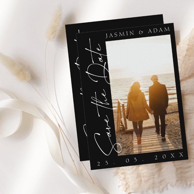 Save The Date Mariage photo de script noir et blanc moderne (Créateur téléchargé)