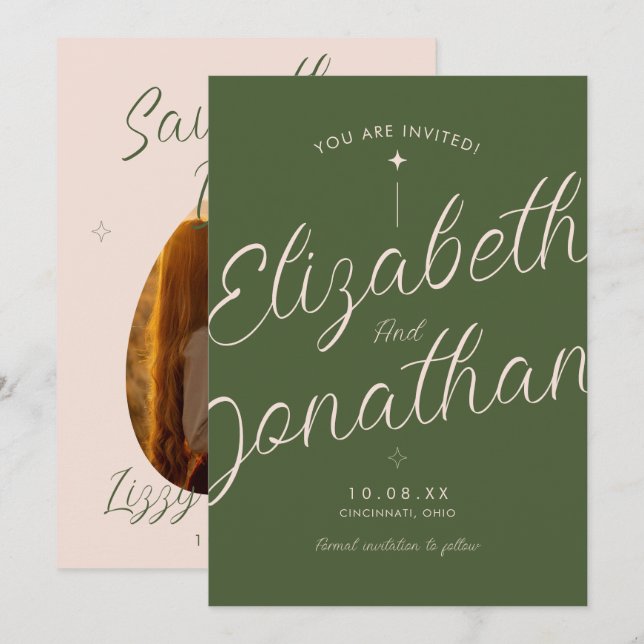 Save The Date Mariage photo de style rétro moderne vert olive en (Devant / Derrière)