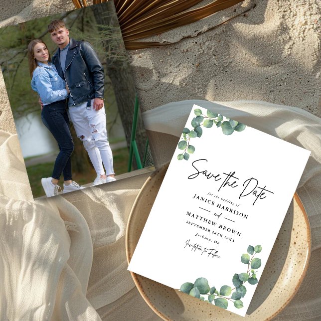 Save The Date Mariage Photo de verdure botanique rustique d'euca (Rustic eucalyptus greenery photo save the date adds natural charm and showcases your love story.)