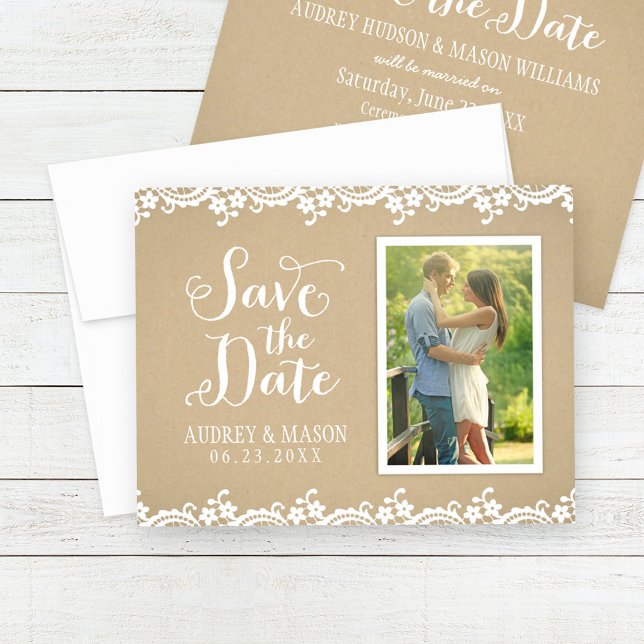 Save The Date Mariage Photo Dentelle Kraft Rustique (Créateur téléchargé)