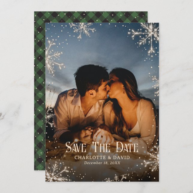 Save The Date Mariage photo d'hiver de la coupe de neige verte (Devant / Derrière)