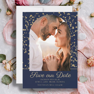 Save The Date Mariage Photo Dôme Arche Paillettes Or Bleu Marine