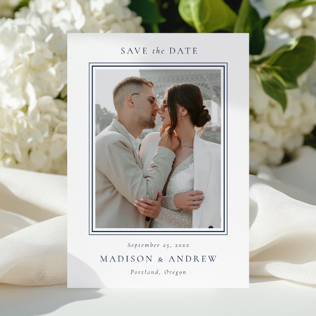 Save The Date Mariage Photo Double Bordure Moderne Navy 2 (Créateur téléchargé)