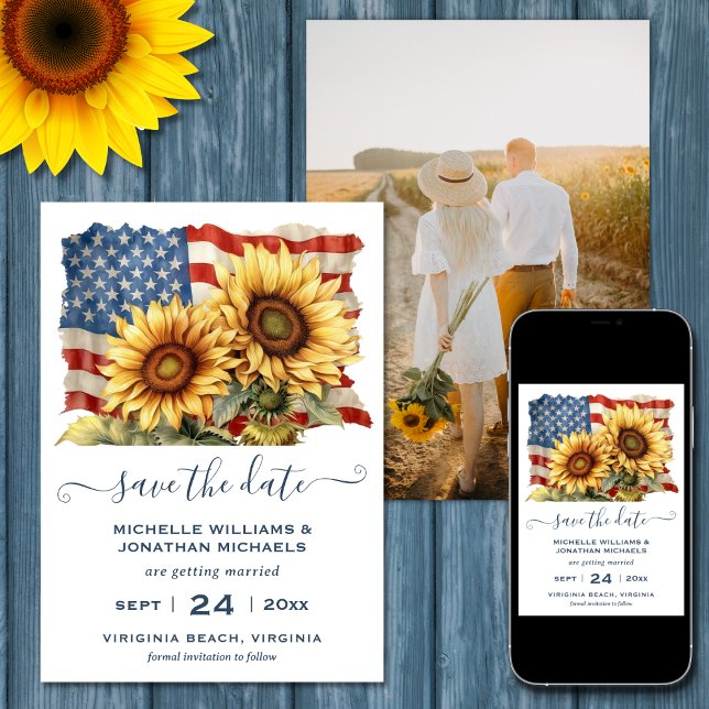 Save The Date Mariage PHOTO du Drapeau patriotique américain (Printed (Front and Back) and Digital - Patriotic American Flag Sunflower PHOTO Wedding Save The Date)