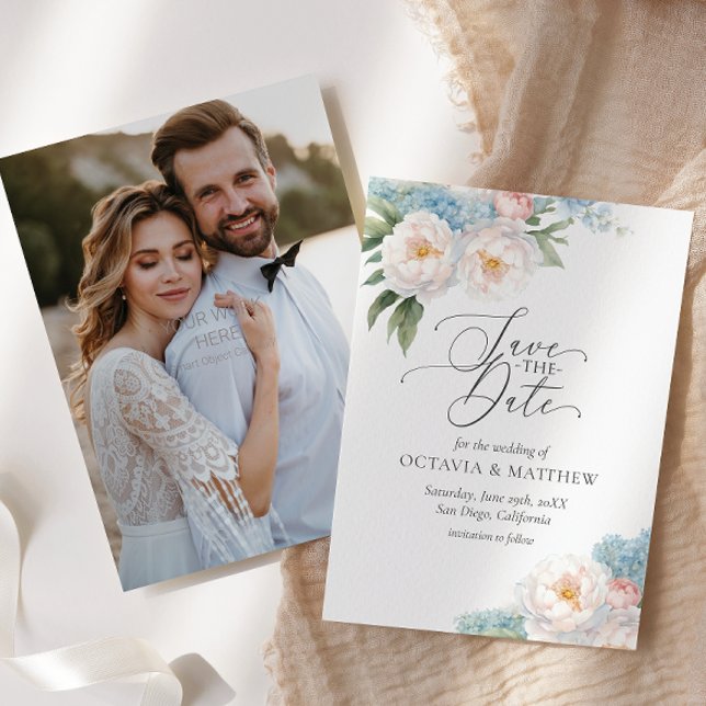Save The Date Mariage PHOTO du script Fleurs bleu et rose doux (Créateur téléchargé)