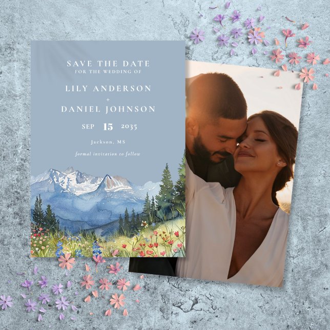 Save The Date Mariage photo Dusty Blue Watercolor Mountain (Dusty Blue Watercolor Mountain Photo Wedding Save The Date)