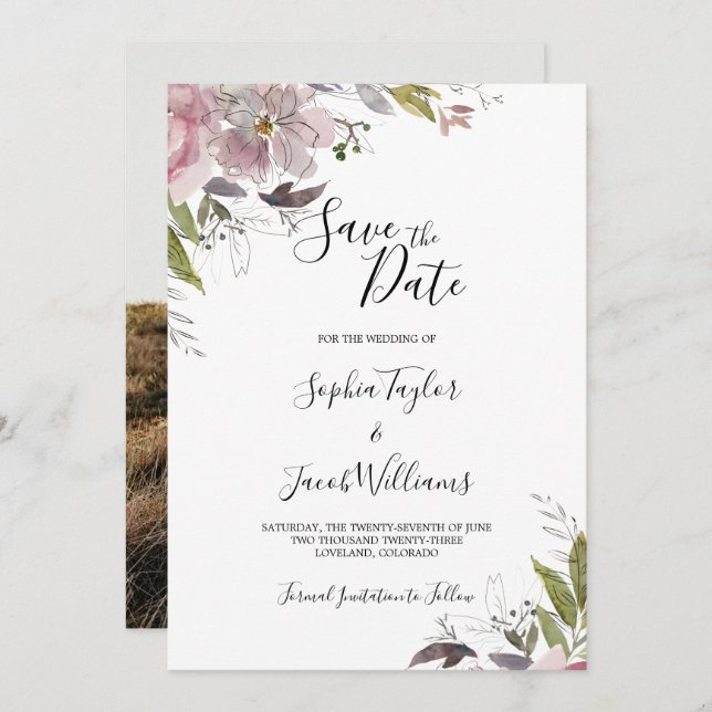 Save The Date Mariage photo Dusty Rose Mauve Floral Greenery (Devant / Derrière)