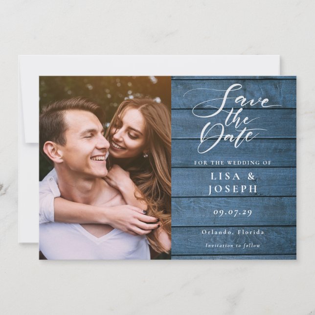 Save The Date Mariage Photo Écriture Élégante Bois Bleu Rustique (Devant)