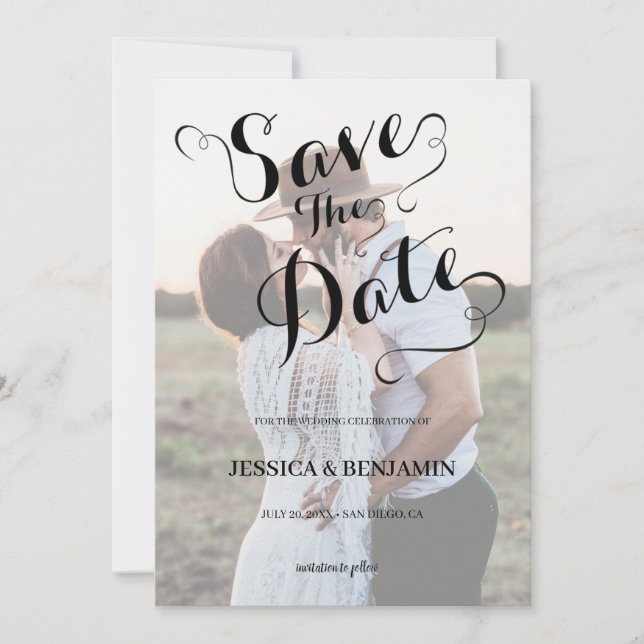 Save The Date Mariage photo effet vélin faux calligraphié (Devant)