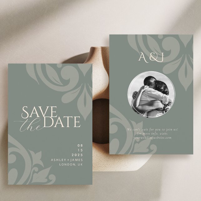 Save The Date Mariage Photo Elégant Damas Classique Olive Terreu (Créateur téléchargé)