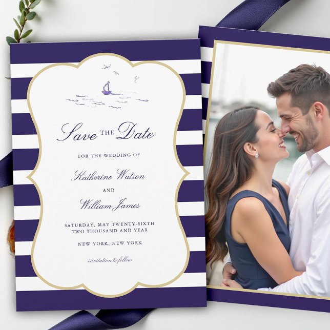 Save The Date Mariage photo élégant de la marine nautique côtièr (nautical coastal wedding save the date photo beach yacht boat sailing stripes elegant frame)