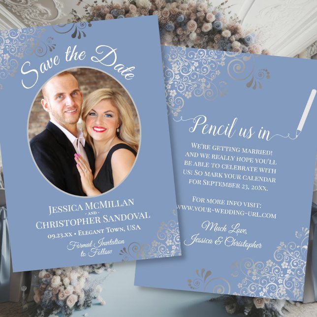 Save The Date Mariage photo élégant en argent et bleu foncé (Front/Back)