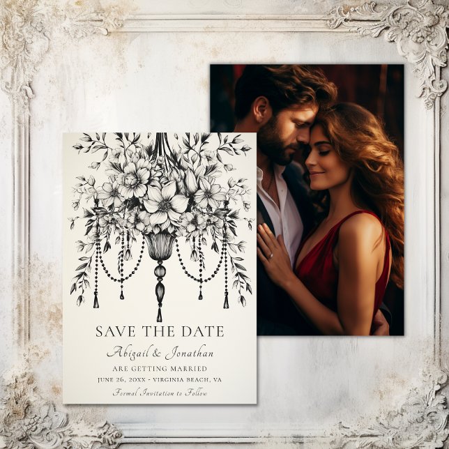 Save The Date Mariage photo élégant lustre floral (Elegant Floral Chandelier Photo Wedding Save The Date)