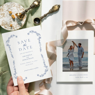 Save The Date Mariage Photo Élégant Simple Bleu Victorien