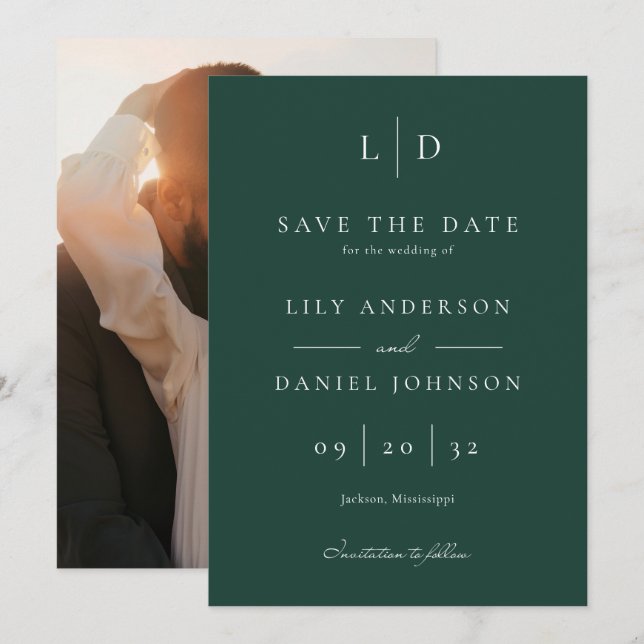Save The Date Mariage photo Emerald Green Minimalist (Devant / Derrière)