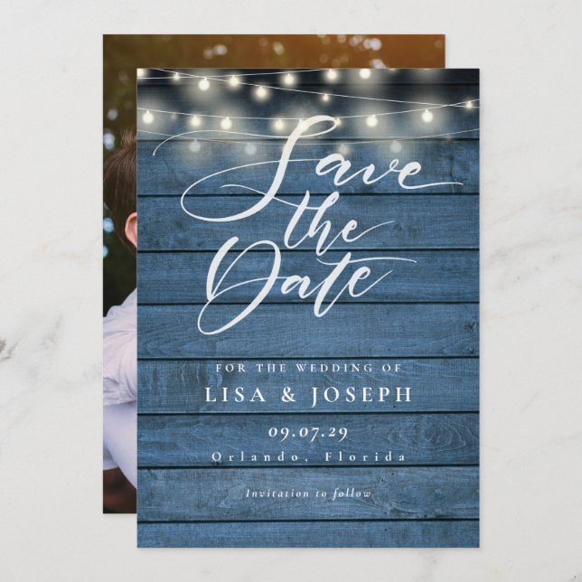 Save The Date Mariage photo en bois bleu rustique (Devant / Derrière)