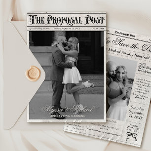 Save The Date Mariage Photo en Noir et Blanc de Journal Vintage