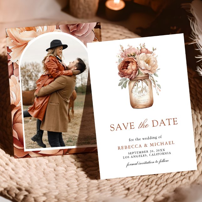 Save The Date Mariage photo en terre cuite Floral Mason Jar (Créateur téléchargé)