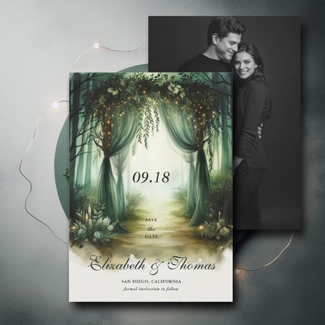 Save The Date Mariage photo Enchanted Forest Moody Woodland (enchanted forest woodland wedding save the date arch canopy calligraphy fairy tale magic moody green)