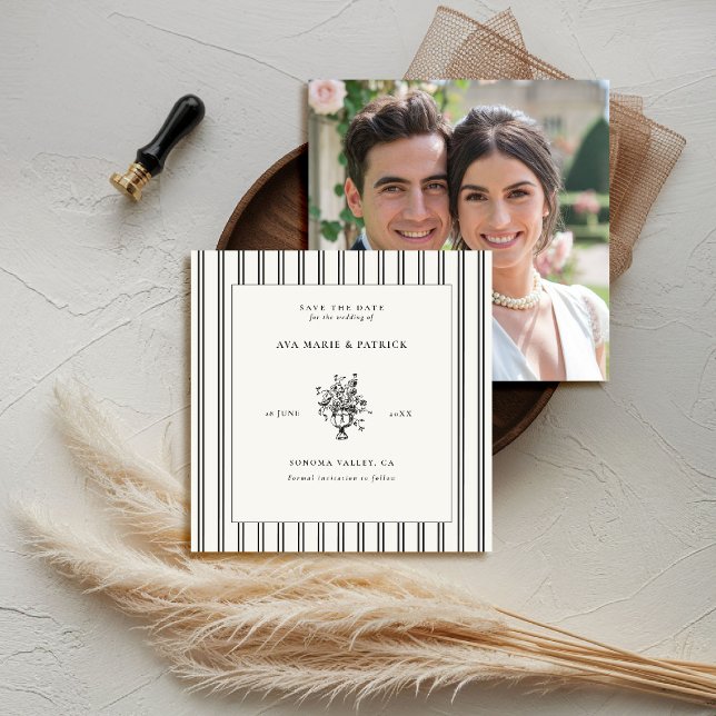 Save The Date Mariage photo Estate Chic Black Stripe Floral Vase (elegant wedding save the date photo template chateau estate garden destination black white stripes)
