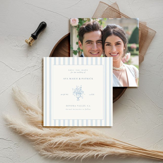 Save The Date Mariage photo Estate Chic Blue Stripes Floral Vase (elegant wedding save the date photo template chateau estate garden destination blue periwinkle)