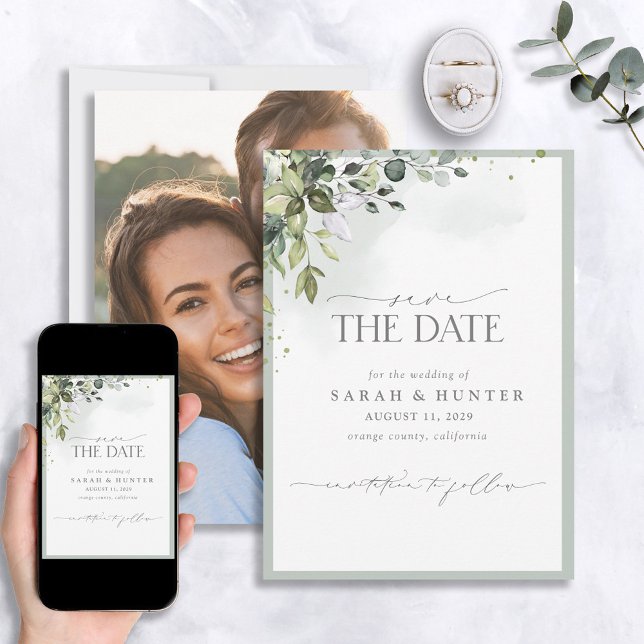 Save The Date Mariage photo Eucalyptus Botanical Greenery Script (Créateur téléchargé)