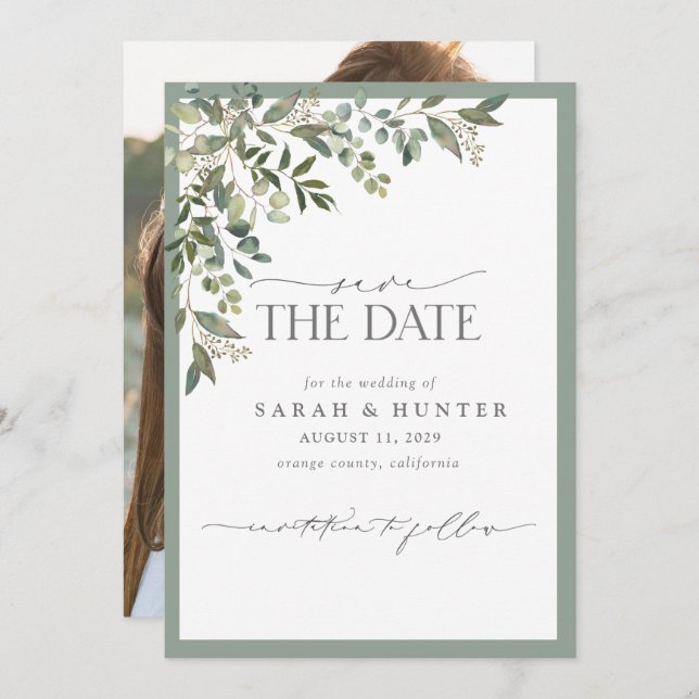 Save The Date Mariage photo Eucalyptus Botanical Greenery Script (Devant / Derrière)