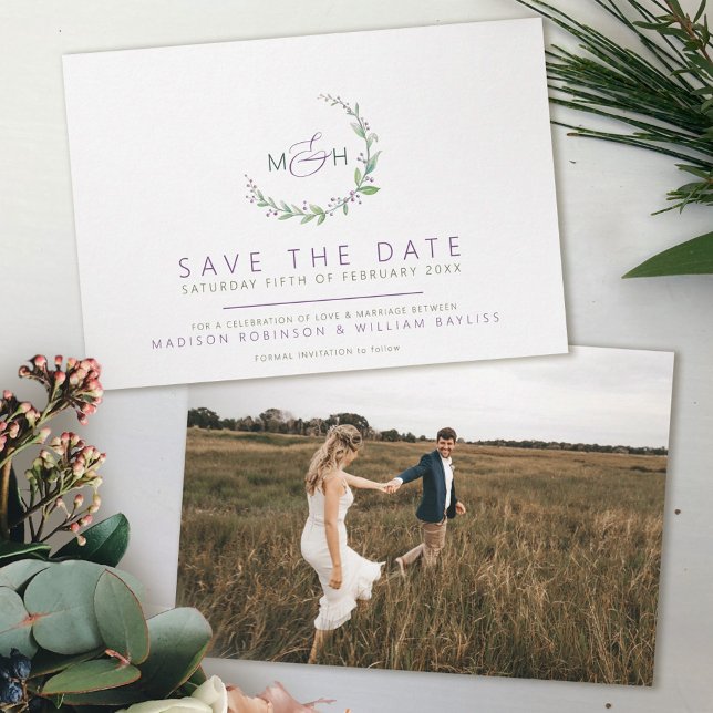 Save The Date Mariage photo feuille vert de baies violettes (Créateur téléchargé)