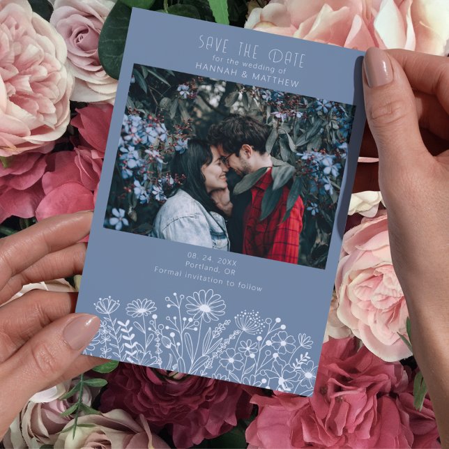 Save The Date Mariage photo fleur sauvage Elegant Dusty Blue Boh (Créateur téléchargé)