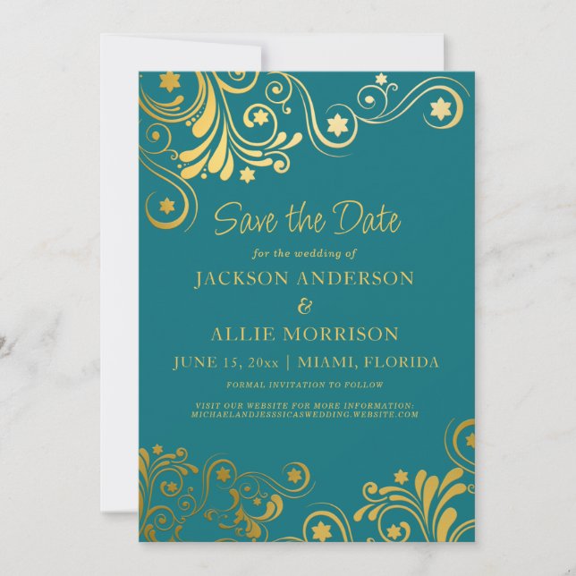 Save The Date Mariage Photo Fleurie Or Turquoise Clair (Devant)