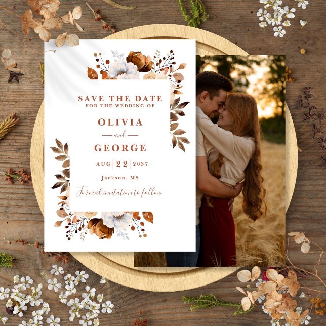 Save The Date Mariage photo floral aquarelle moderne Terracotta (Terracotta Modern Watercolor Floral Photo Wedding Save The Date)