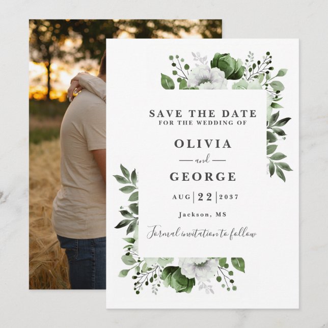 Save The Date Mariage photo floral aquarelle vert olive moderne  (Devant / Derrière)