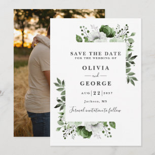 Save The Date Mariage photo floral aquarelle vert olive moderne 