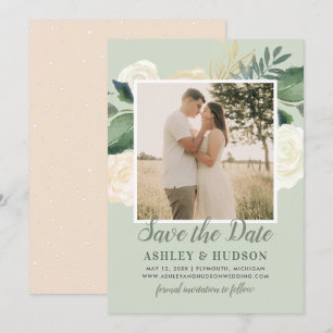 Save The Date Mariage photo floral aquarelle vert sauge