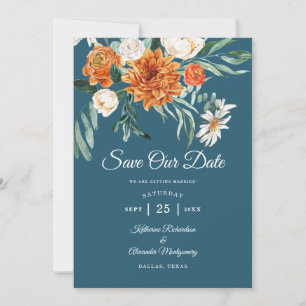 Save The Date Mariage Photo Floral Automnal en Terre Cuite Bleu 