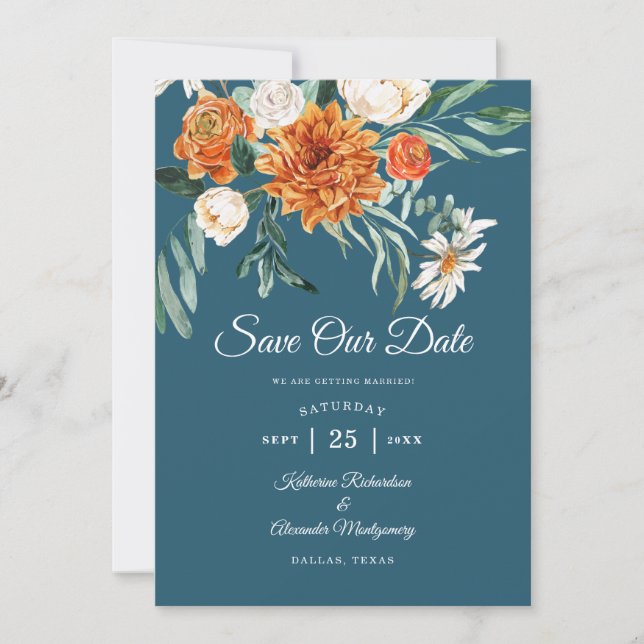 Save The Date Mariage Photo Floral Automne Terracotta Bleu Sarce (Devant)