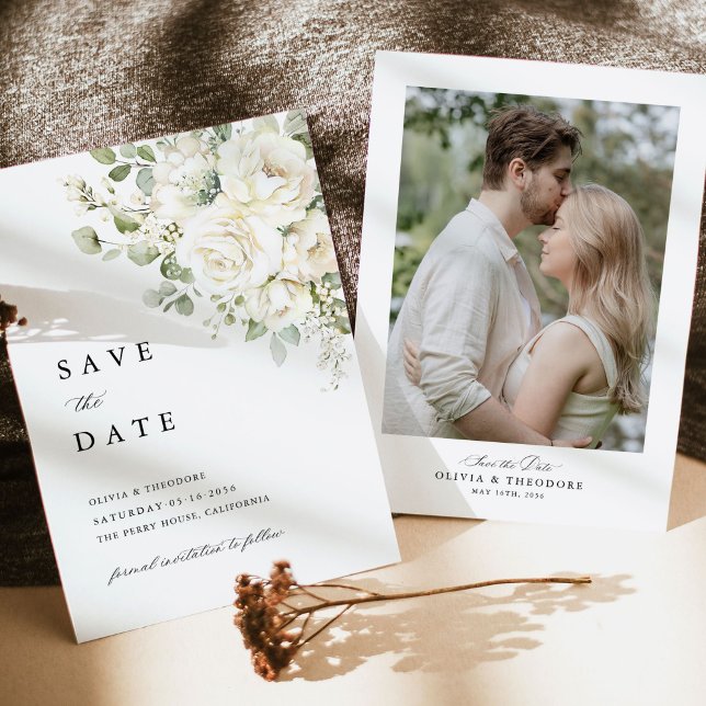 Save The Date Mariage photo floral blanc vert sauge (Sage green white floral watercolor photo save the date wedding card, front and back design)