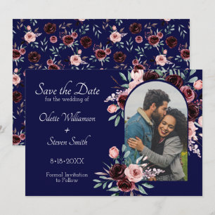 Save The Date Mariage photo floral bleu marine et bordeaux