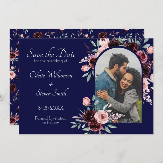 Save The Date Mariage photo floral bleu marine et bourgogne (Devant / Derrière)