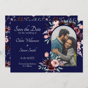 Save The Date Mariage photo floral bleu marine et bourgogne