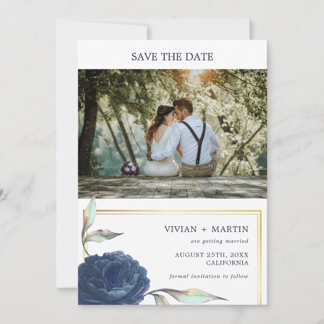 Save The Date Mariage photo floral bleu marine et cadre or (Devant)
