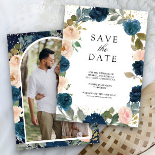 Save The Date Mariage photo floral bleu marine et pêche