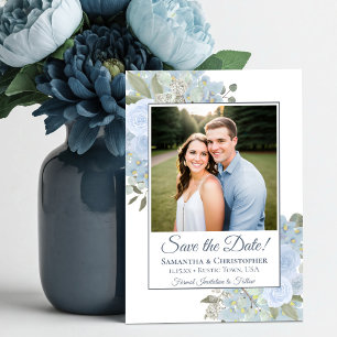 Save The Date Mariage photo floral bohème à l'aquarelle bleu pou